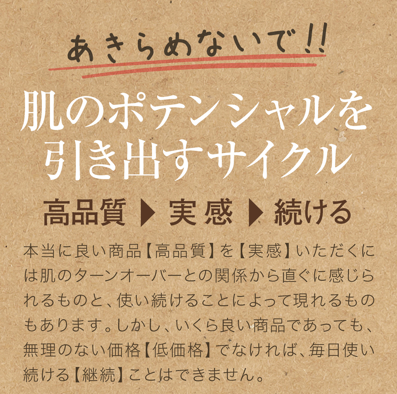 本当に良い商品【高品質】を【実感】いただくには肌のターンオーバーとの関係から直ぐに感じられるものと、使い続けることによって現れるものもあります。しかし、いくら良い商品であっても、無理のない価格【低価格】でなければ、毎日使い続ける【継続】ことはできません。