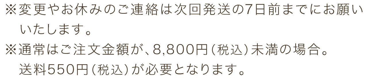 ※変更やお休みのご連絡は次回発送の7日前までにお願いいたします。※通常はご注文金額が、8,800円（税込）未満の場合。送料550円（税込）が必要となります。