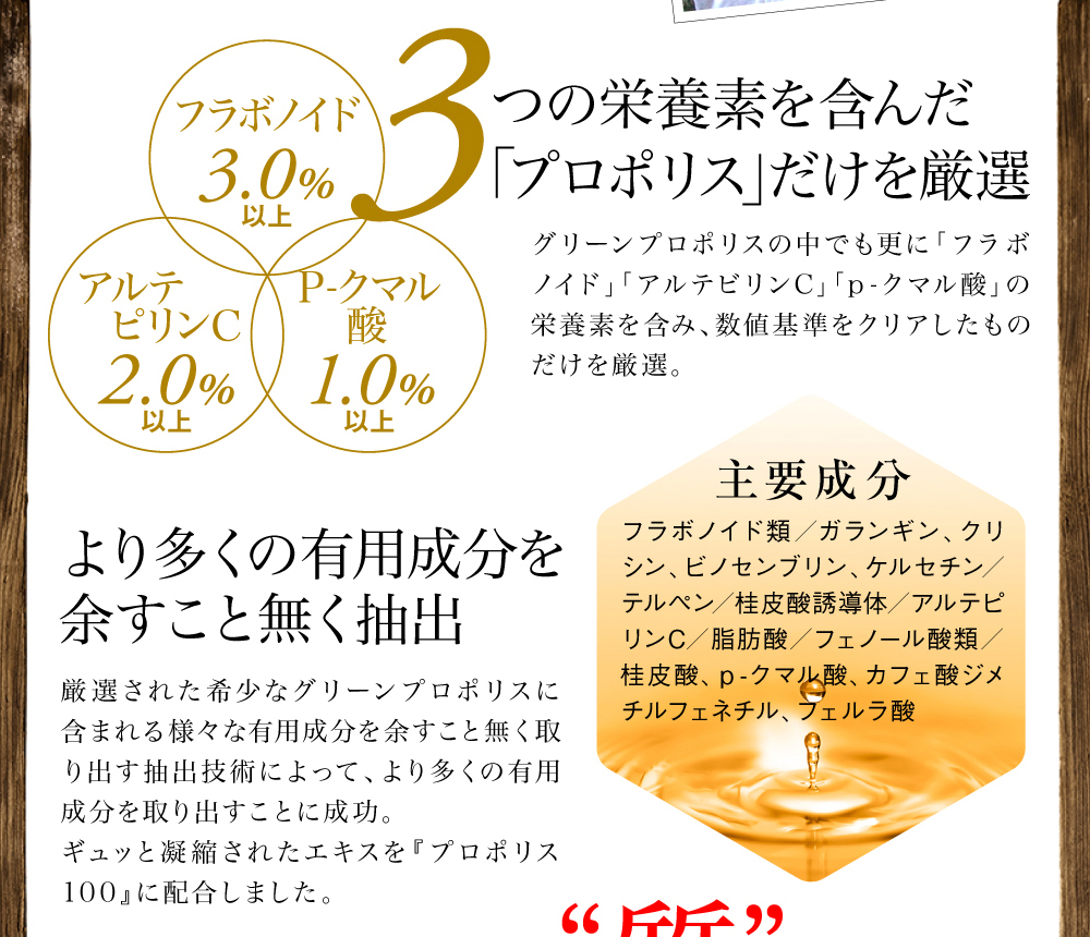 3つの栄養素を含んだ「プロポリス」だけを厳選。グリーンプロポリスの中でも更に「フラボノイド」「アルテビリンC」「ｐ-クマル酸」の栄養素を含み、数値基準をクリアしたものだけを厳選。より多くの有用成分を余すこと無く抽出。