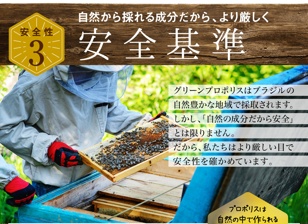 自然から採れる成分だから、より厳しい安全基準。グリーンプロポリスはブラジルの自然豊かな地域で採取されます。しかし、自然の成分だから安全とは限りません。だから、私たちはより厳しい目で安全性を確かめています。