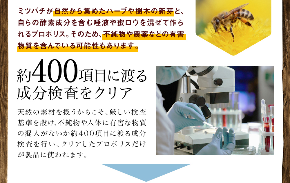 約400項目に渡る成分検査をクリア。天然の素材を扱うからこそ、厳しい検査基準を設け、不純物や人体に有害な物質の混入がないか約400項目に渡る成分検査を行い、クリアしたプロポリスだけが製品に使われます。