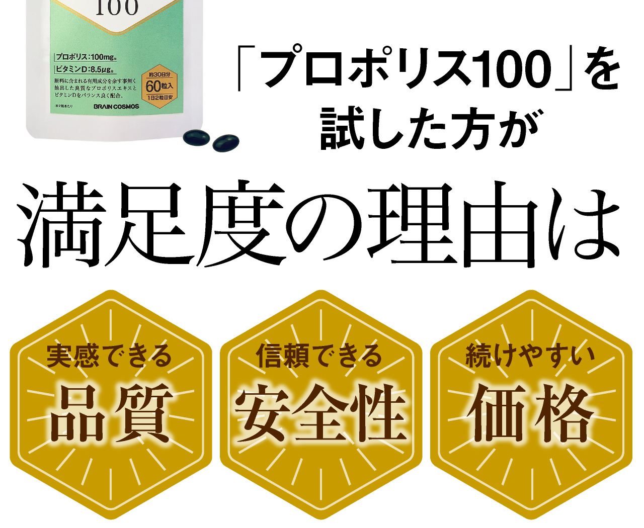 プロポリス100満足度の理由は、高品質、安全性、低価格