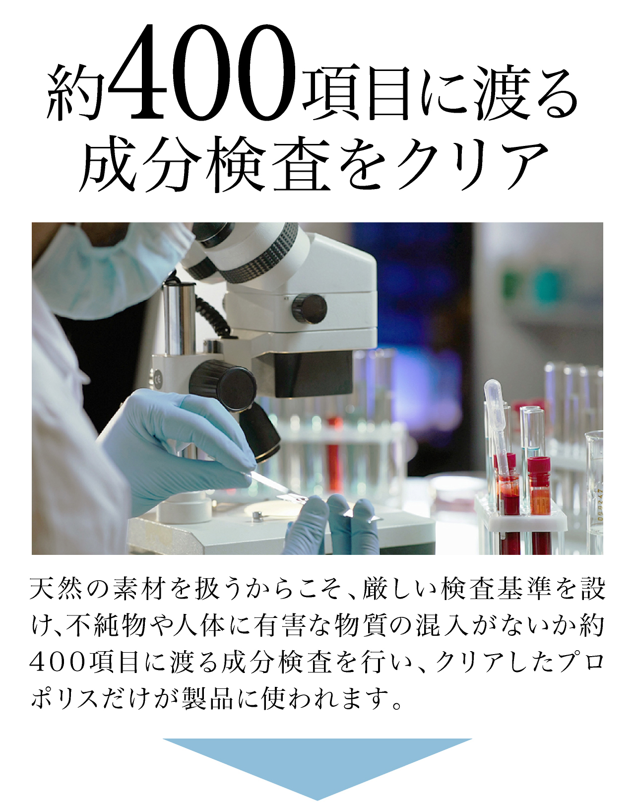 約400項目に渡る成分検査をクリア。天然の素材を扱うからこそ、厳しい検査基準を設け、不純物や人体に有害な物質の混入がないか約400項目に渡る成分検査を行い、クリアしたプロポリスだけが製品に使われます。
