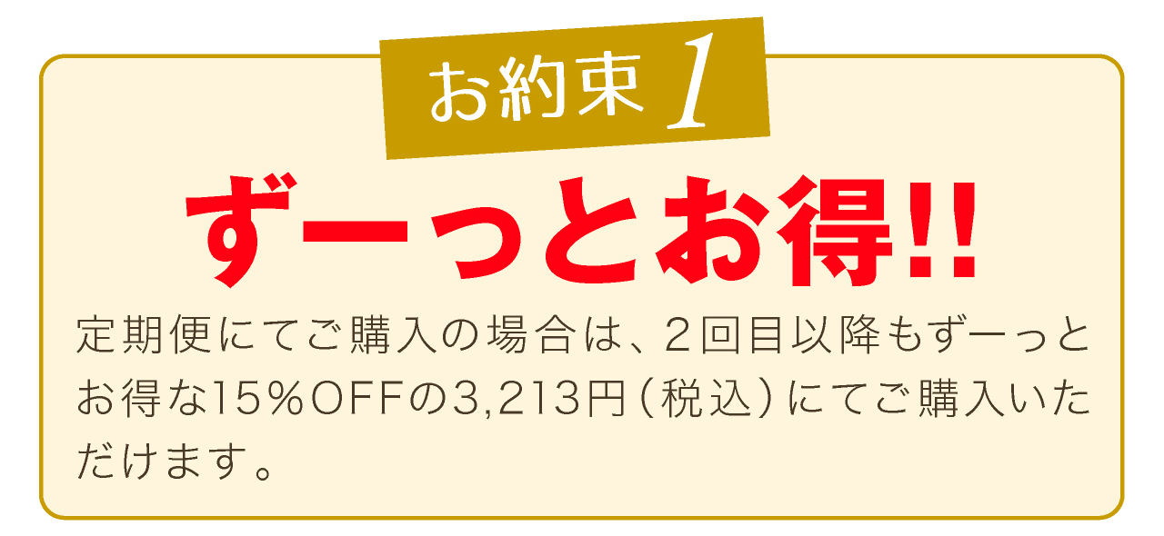 定期コースのお約束1、ずっとお得!!２回目以降も15％OFFの3,213円（税込）でお得にご購入いただけます。