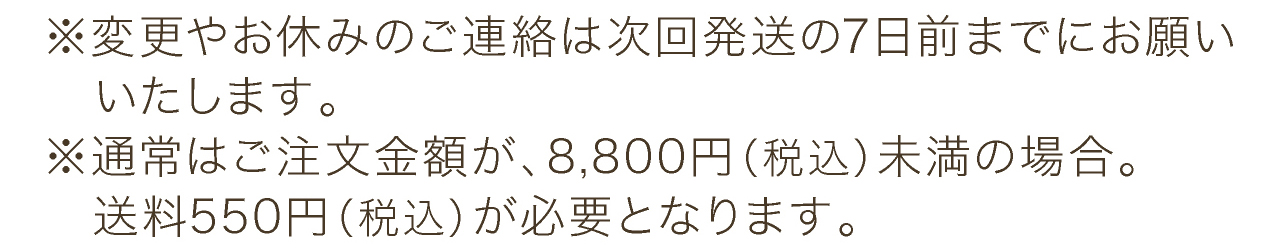 変更やお休みのご連絡は次回発送の7日前までにお願いいたします。